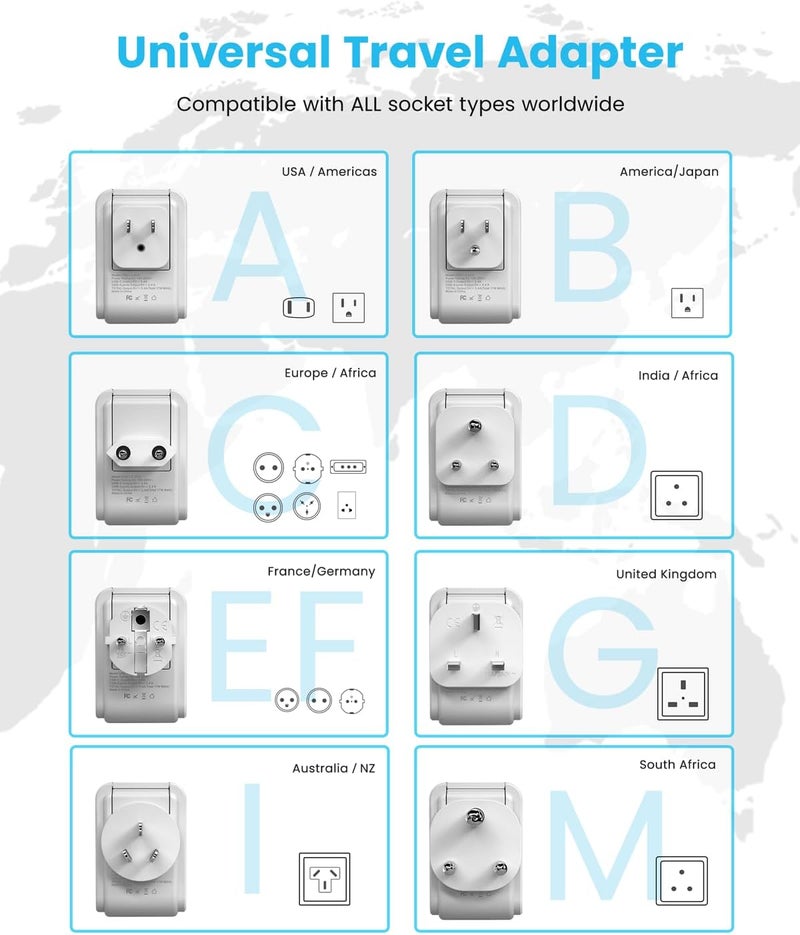VINTAR طقم محول السفر العالمي، محول طاقة دولي مع 3 منافذ USB (2 USB C) و 2 AC، ملحقات قابلة للفصل من النوع A، B، C، D، E/F، G، I، M، محول للهند/جنوب أفريقيا/أوروبا/المملكة المتحدة - Image 2